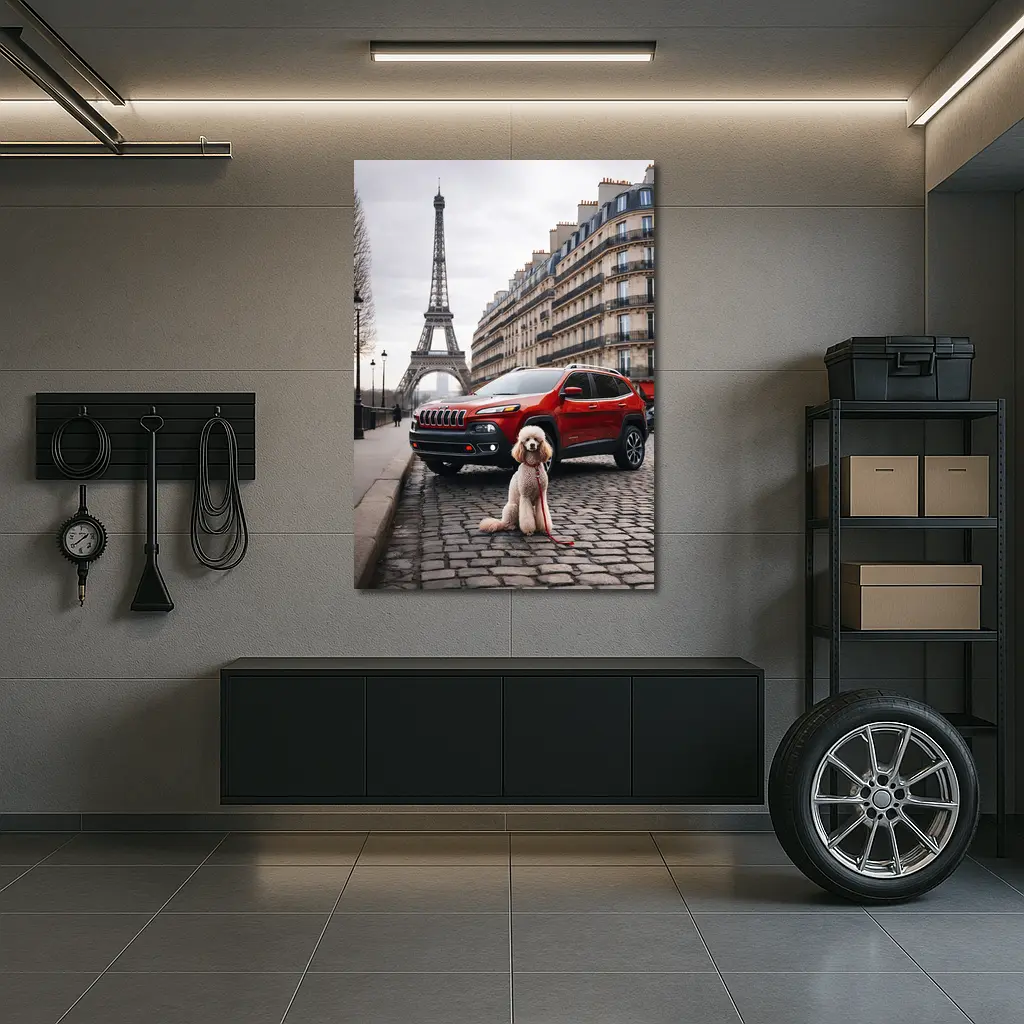 Red Jeep Cherokee Poodle Paris Eiffel Tower – Wall Art