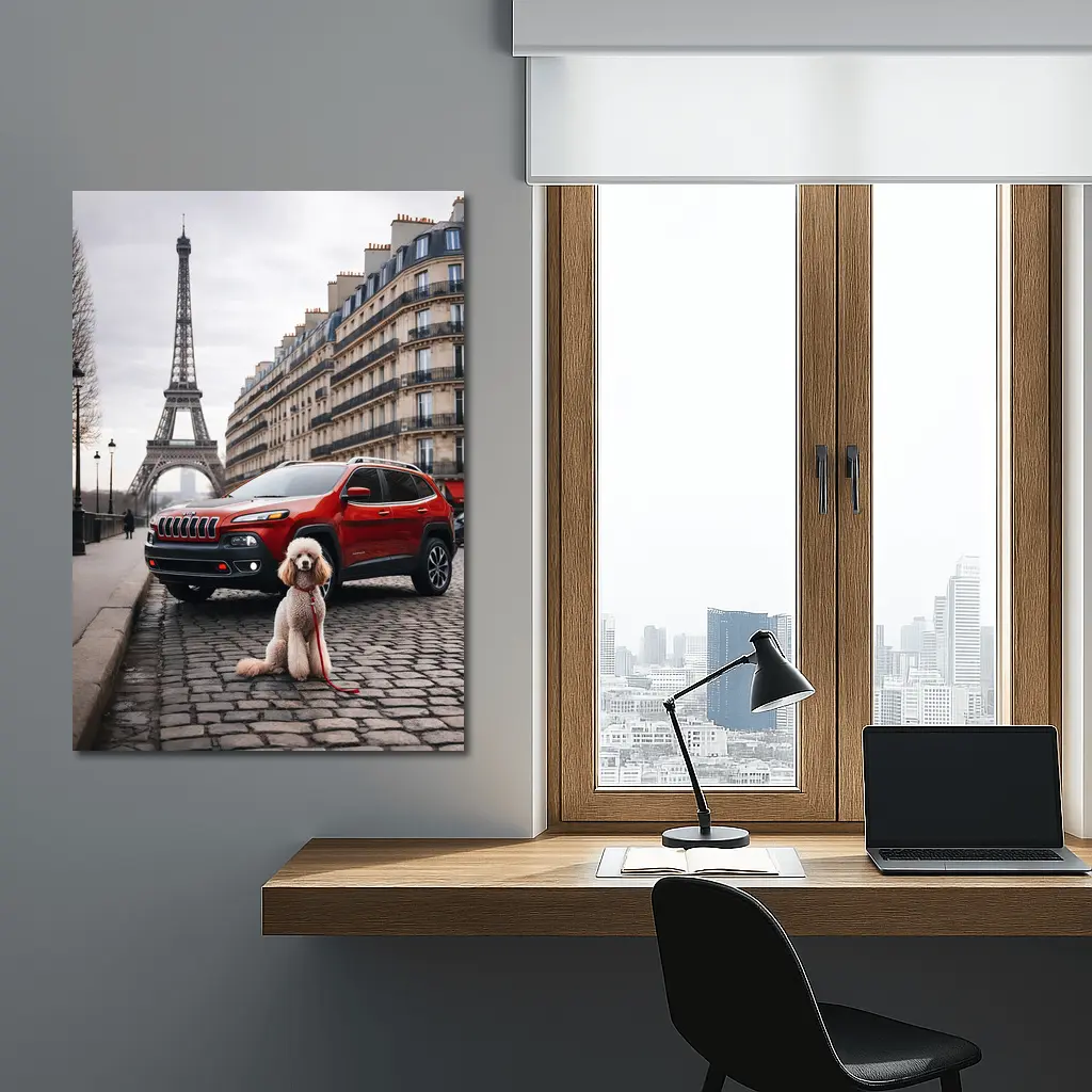 Red Jeep Cherokee Poodle Paris Eiffel Tower – Wall Art