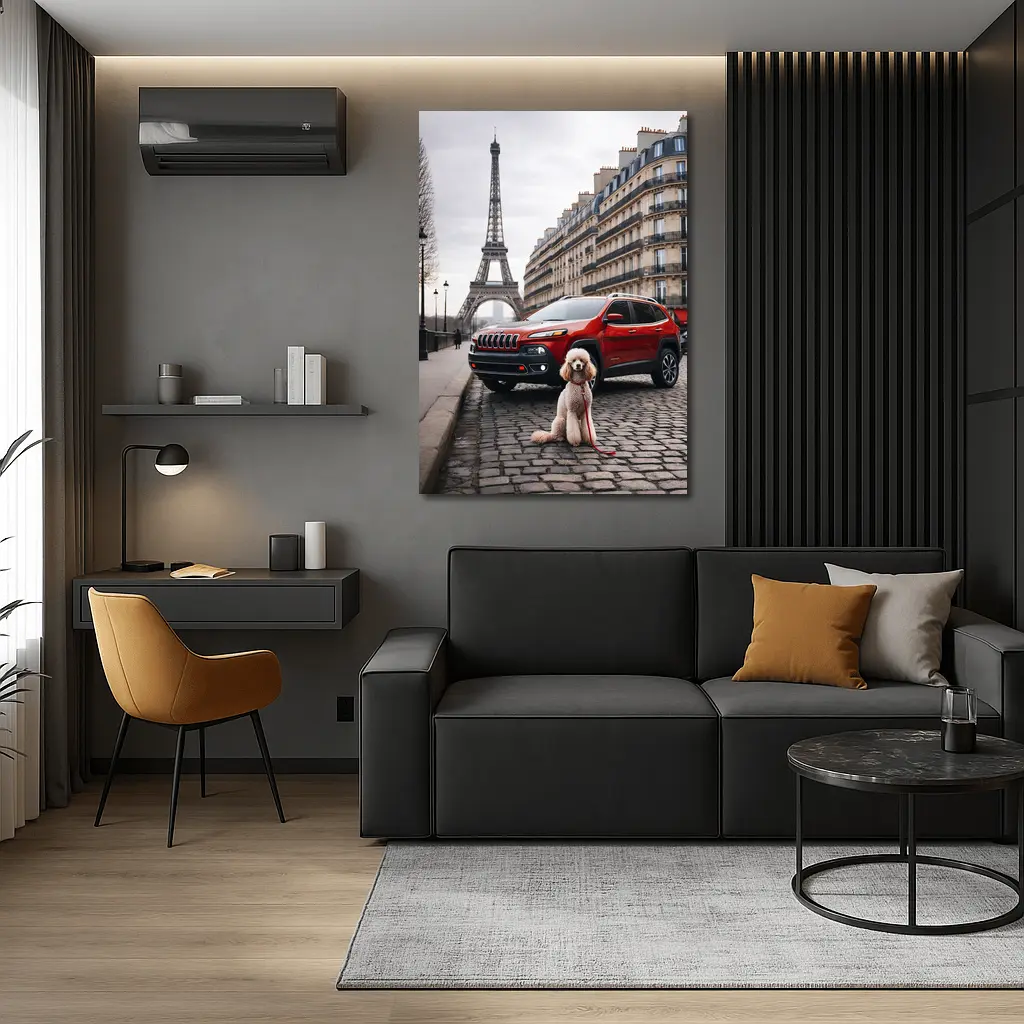 Red Jeep Cherokee Poodle Paris Eiffel Tower – Wall Art