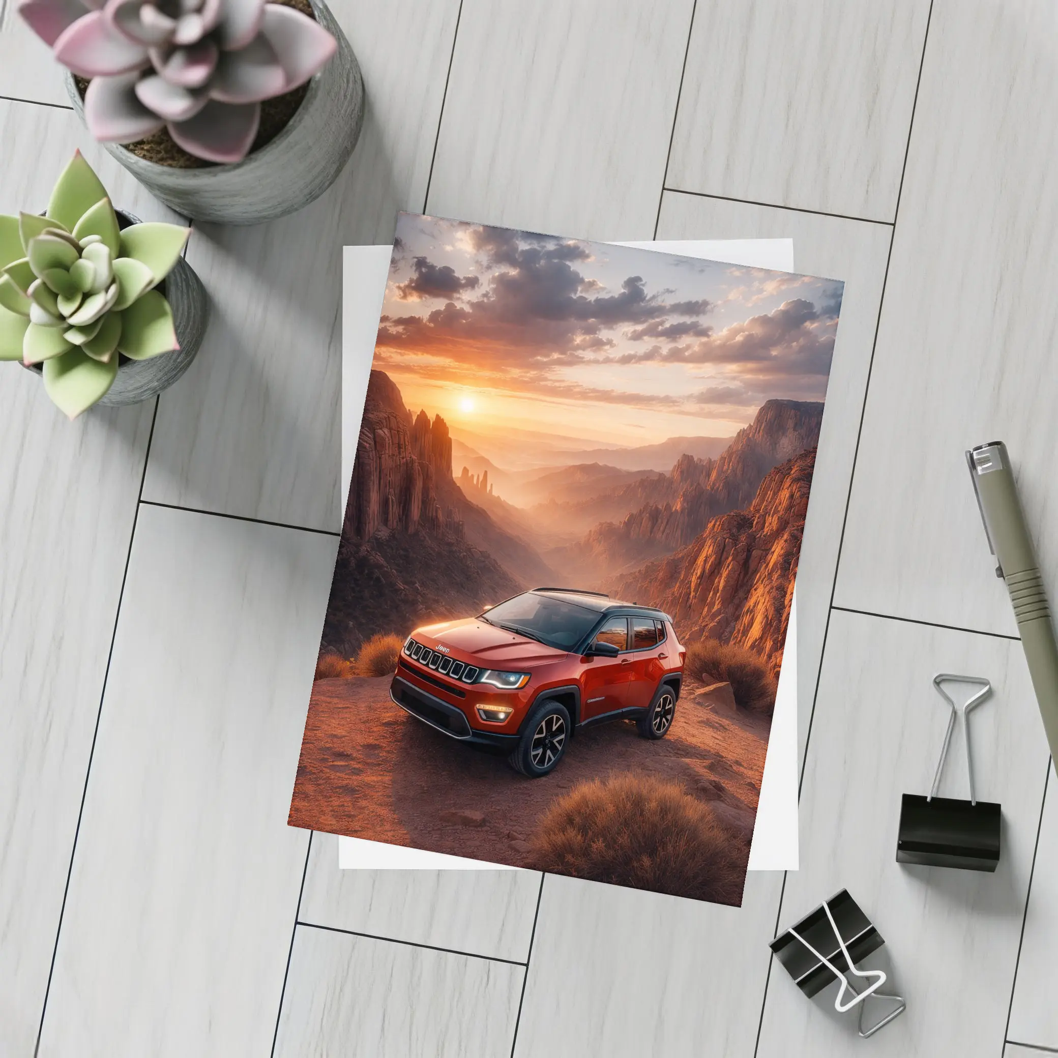 Jeep Compass Red SUV Canyon Sunset – Postcards