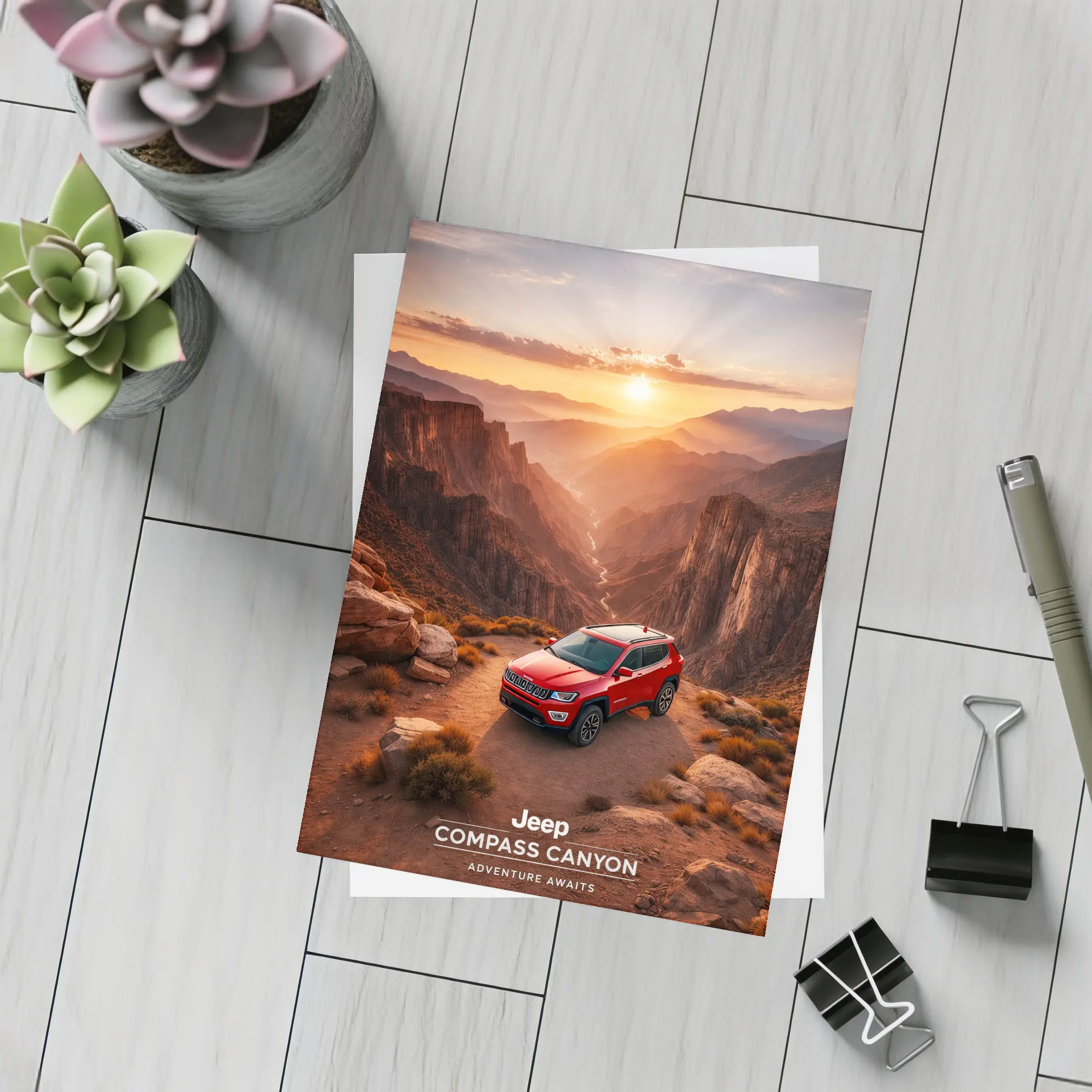 Jeep Compass Red SUV Canyon Sunset – Postcards