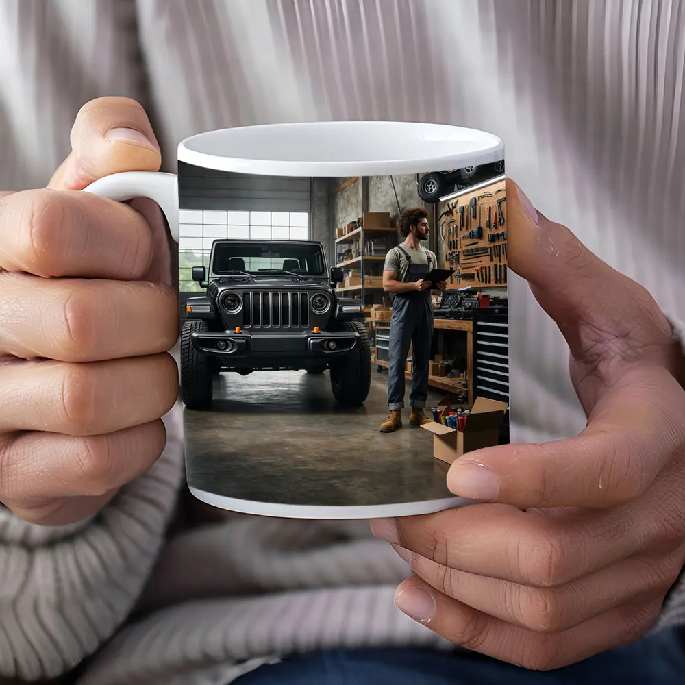 Jeep Gladiator Black Truck Inside Garage – Mugs