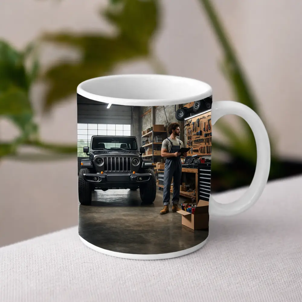 Jeep Gladiator Black Truck Inside Garage – Mugs