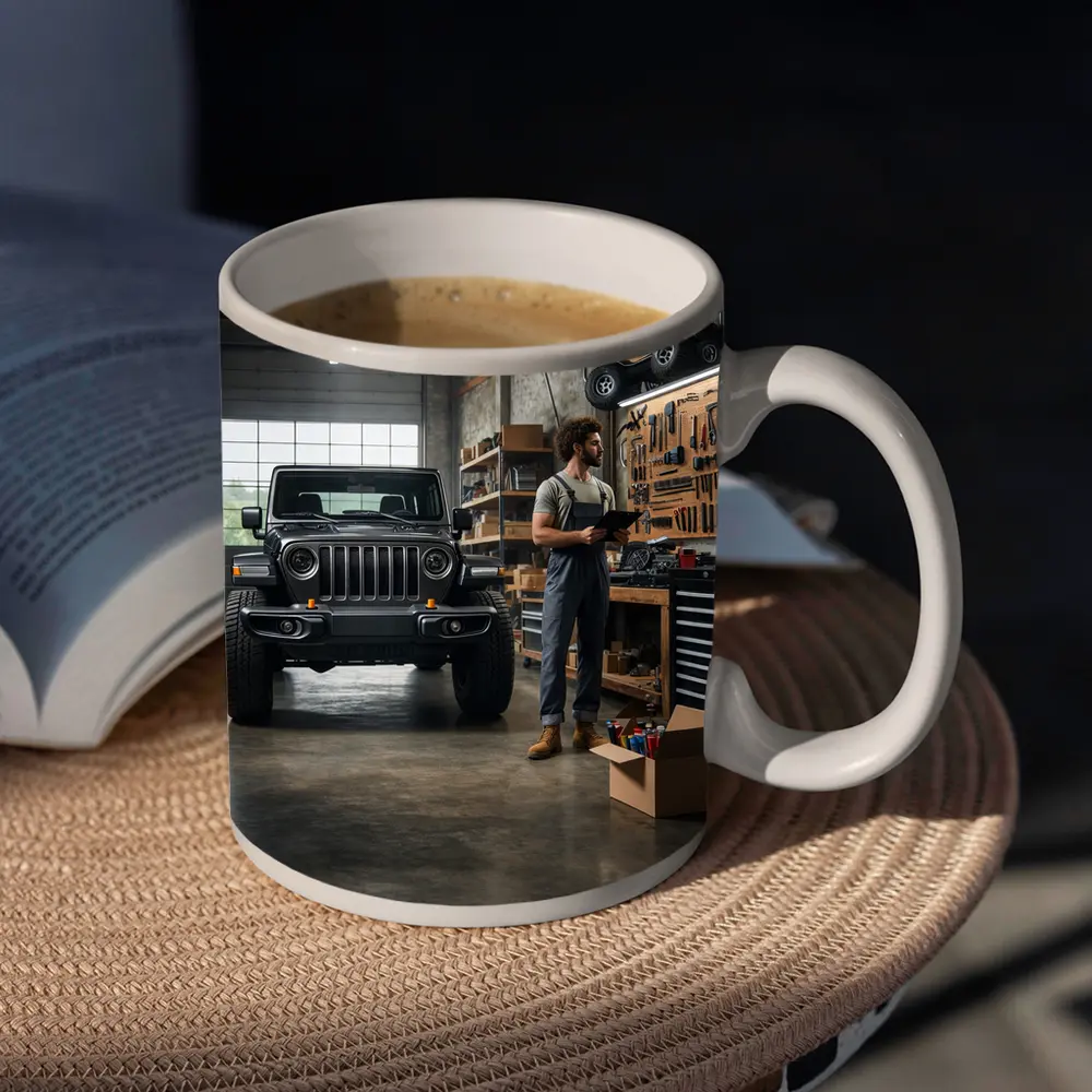 Jeep Gladiator Black Truck Inside Garage – Mugs