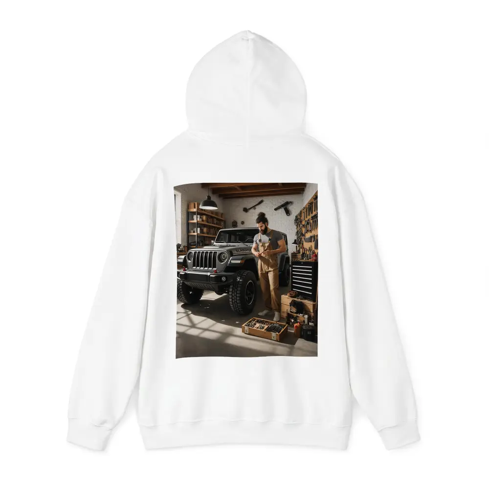 Jeep Gladiator In Workshop Garage Setting – Hoodies