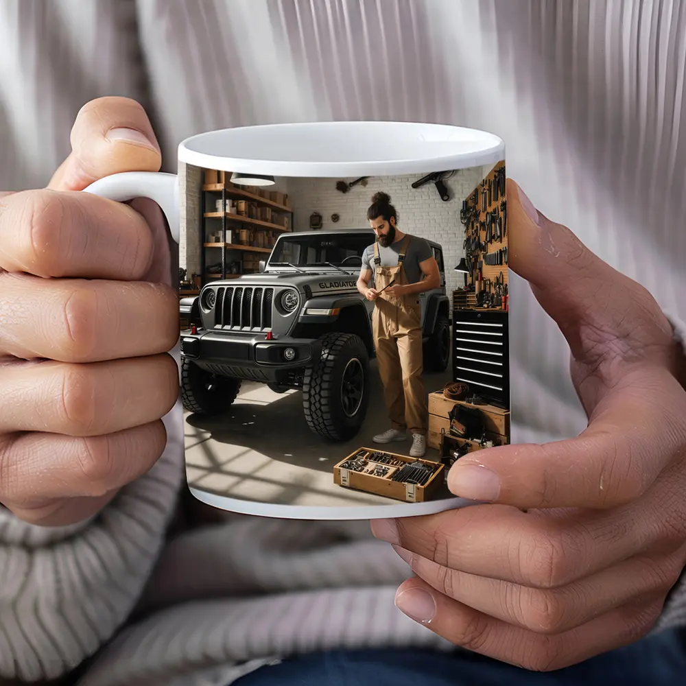 Jeep Gladiator In Workshop Garage Setting – Mugs