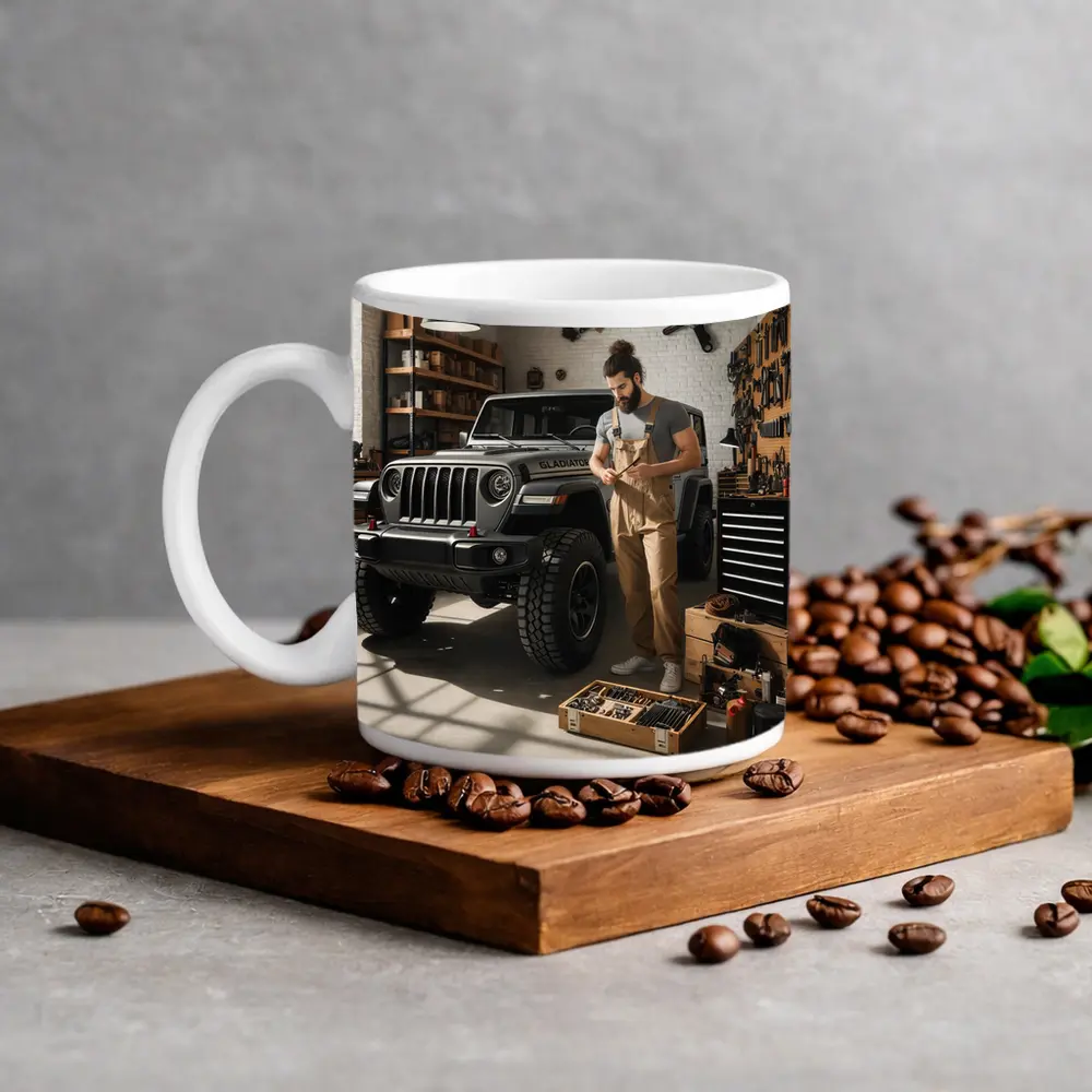 Jeep Gladiator In Workshop Garage Setting – Mugs