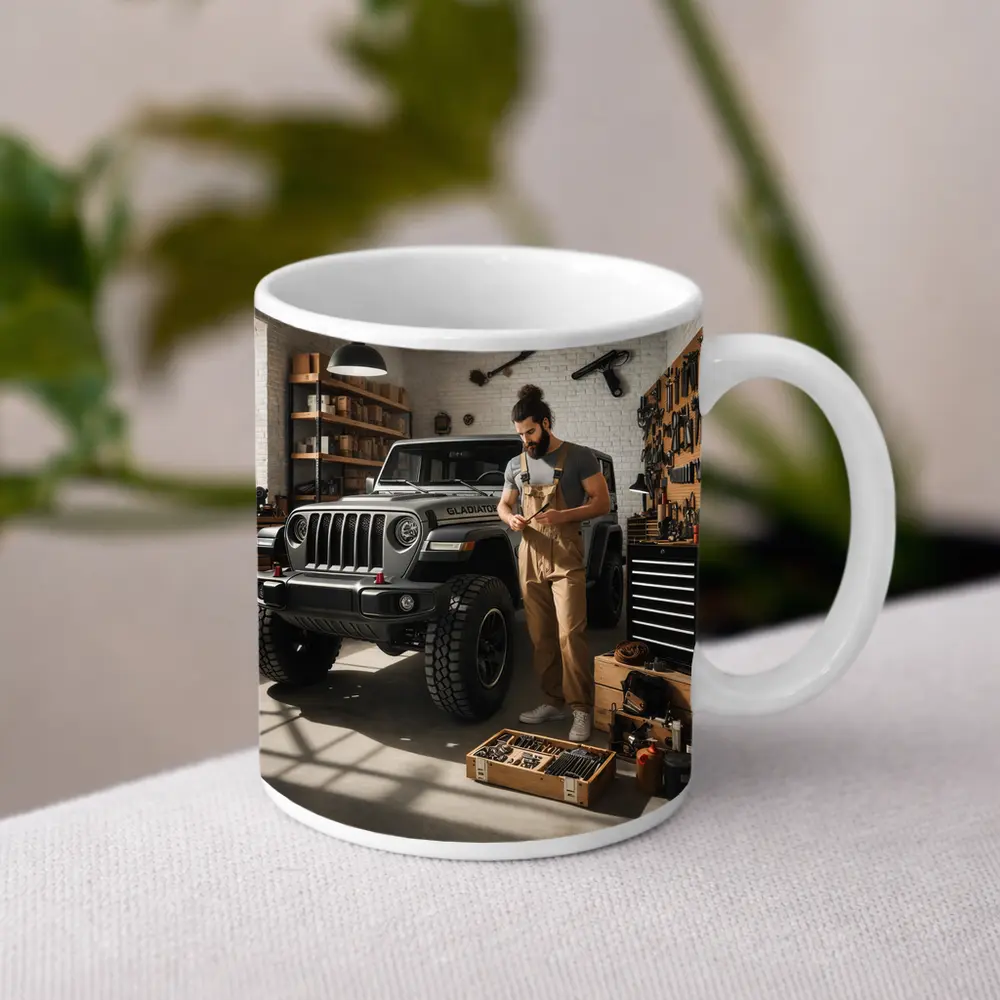 Jeep Gladiator In Workshop Garage Setting – Mugs