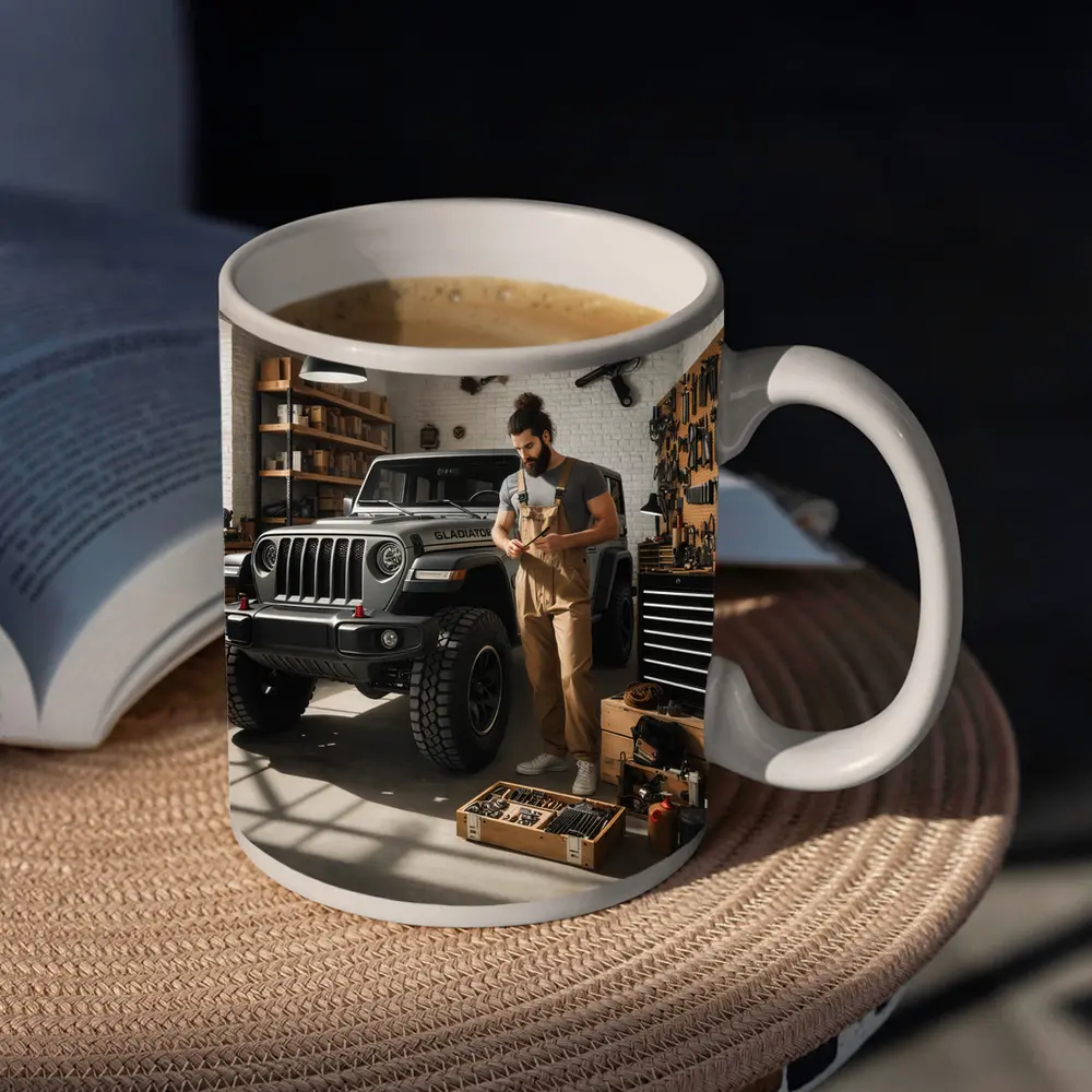 Jeep Gladiator In Workshop Garage Setting – Mugs