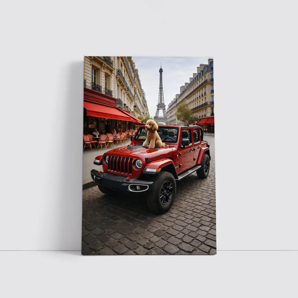 Red Jeep Wrangler Poodle Paris Eiffel Tower – Wall Art