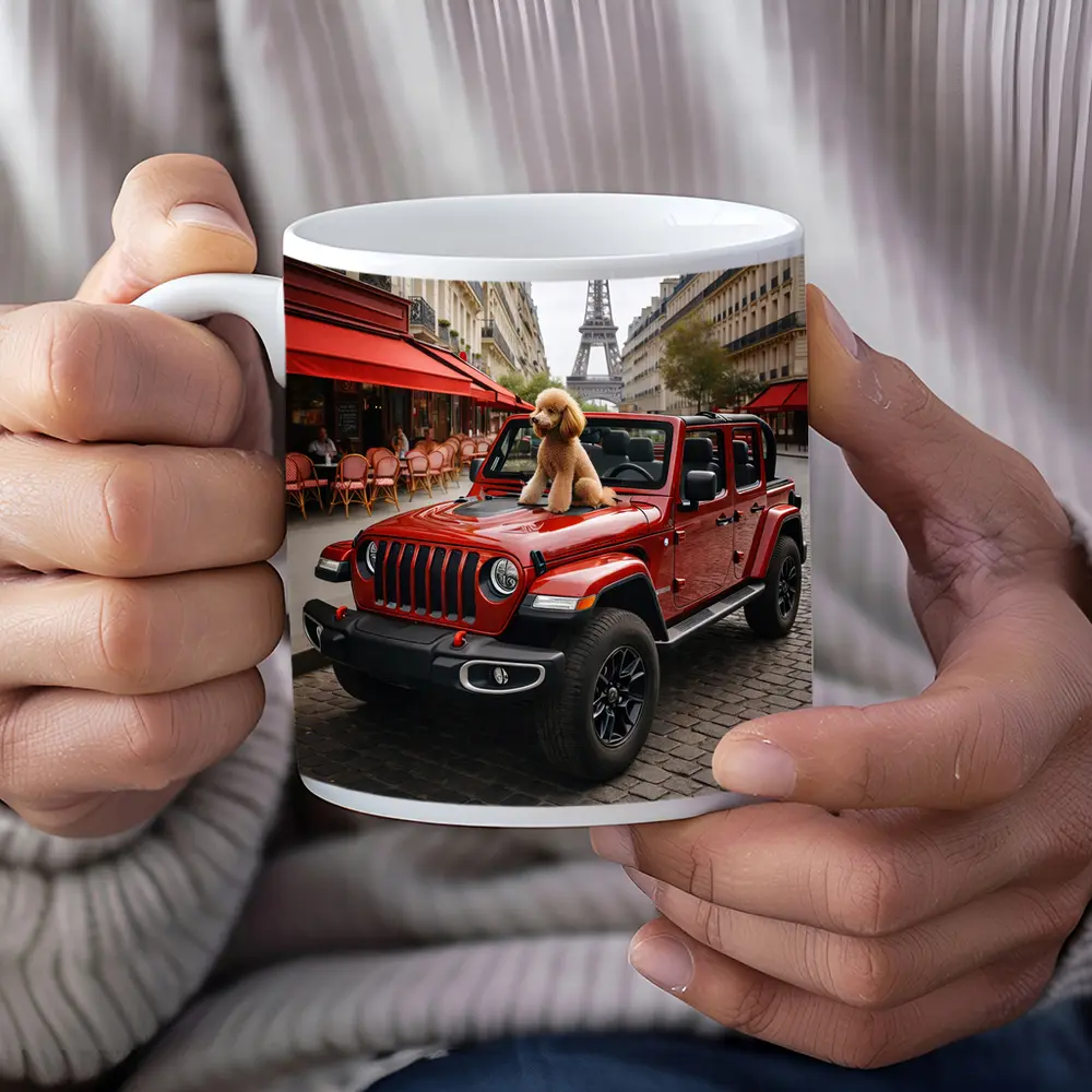Red Jeep Wrangler Poodle Paris Eiffel Tower – Mugs