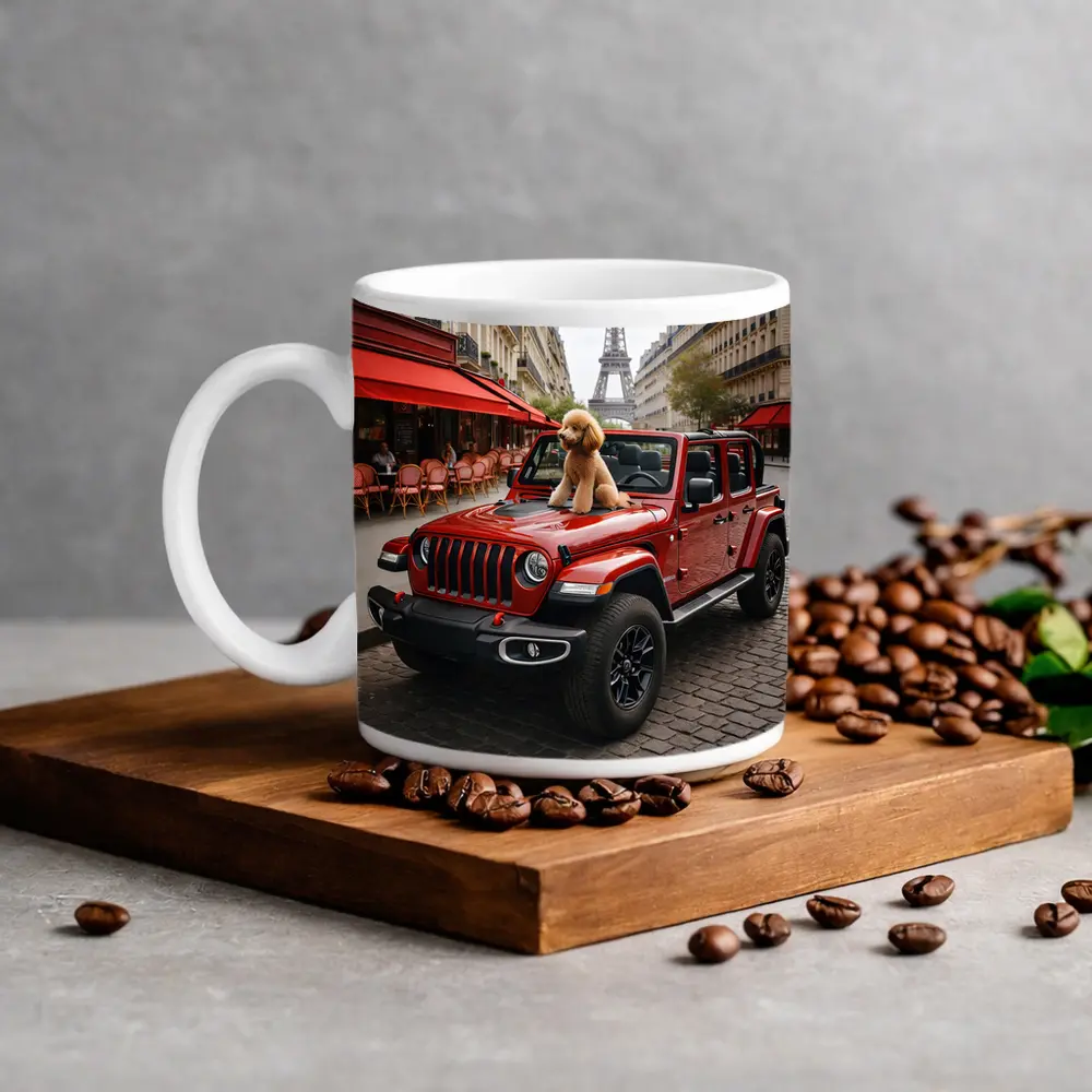 Red Jeep Wrangler Poodle Paris Eiffel Tower – Mugs