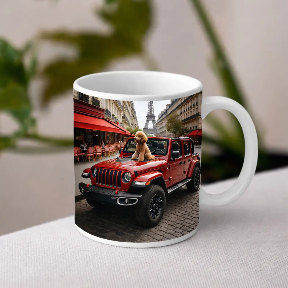 Red Jeep Wrangler Poodle Paris Eiffel Tower – Mugs
