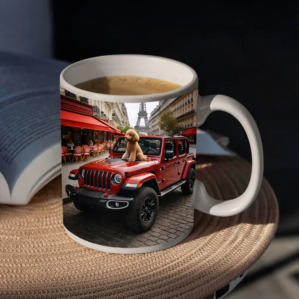 Red Jeep Wrangler Poodle Paris Eiffel Tower – Mugs