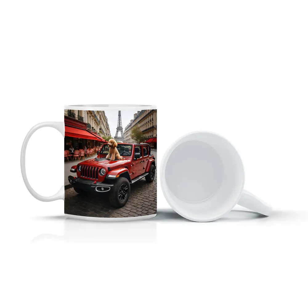 Red Jeep Wrangler Poodle Paris Eiffel Tower – Mugs