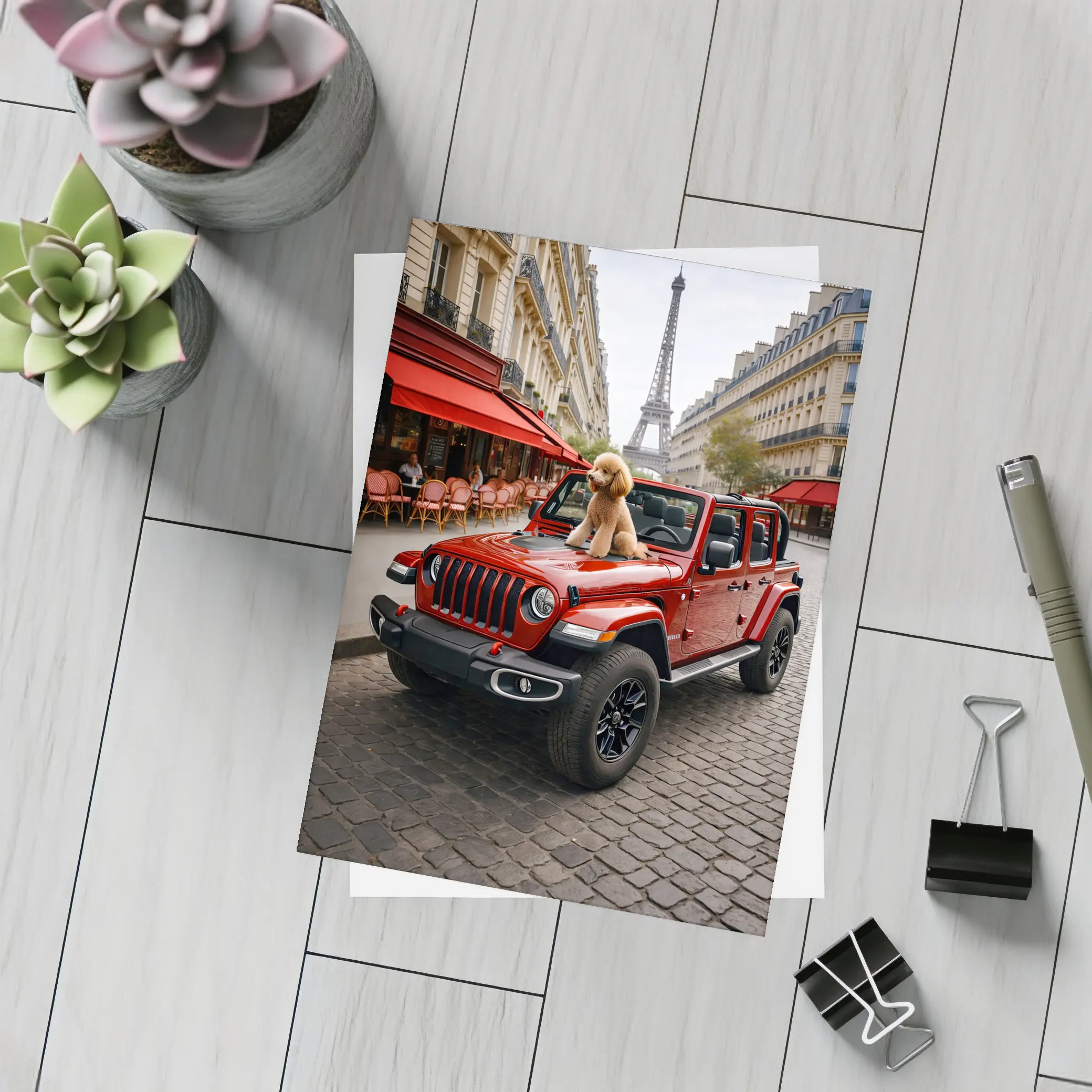 Red Jeep Wrangler Poodle Paris Eiffel Tower – Postcards