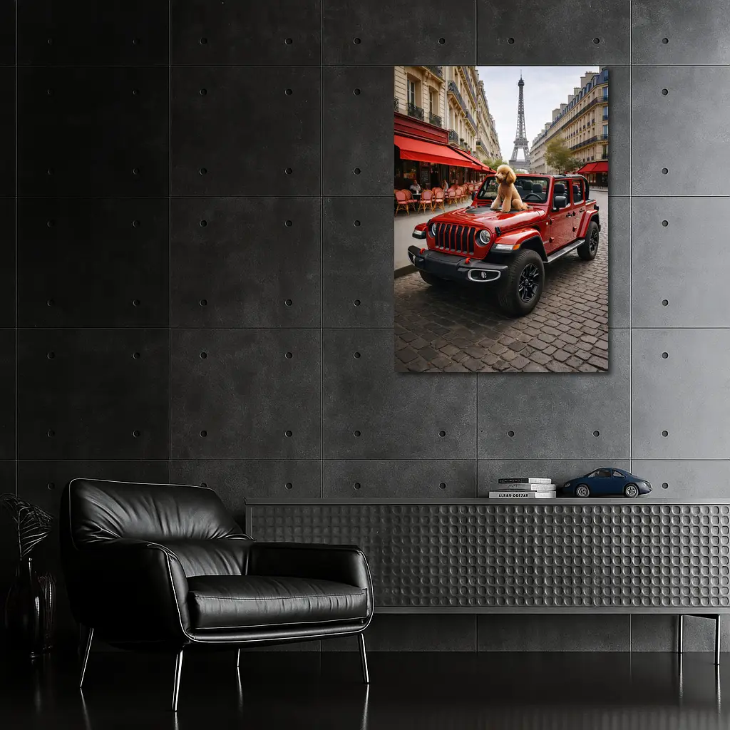 Red Jeep Wrangler Poodle Paris Eiffel Tower – Wall Art