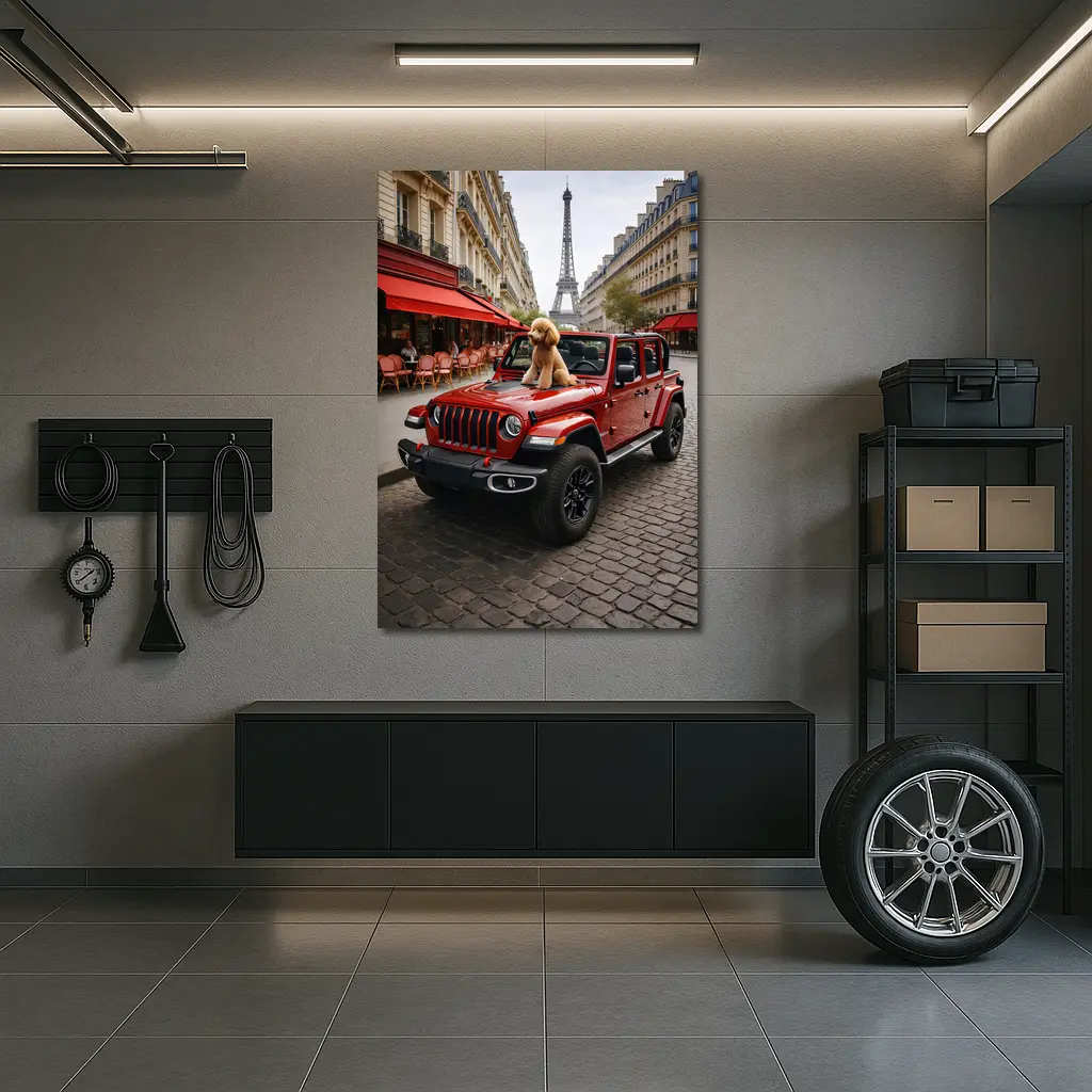 Red Jeep Wrangler Poodle Paris Eiffel Tower – Wall Art