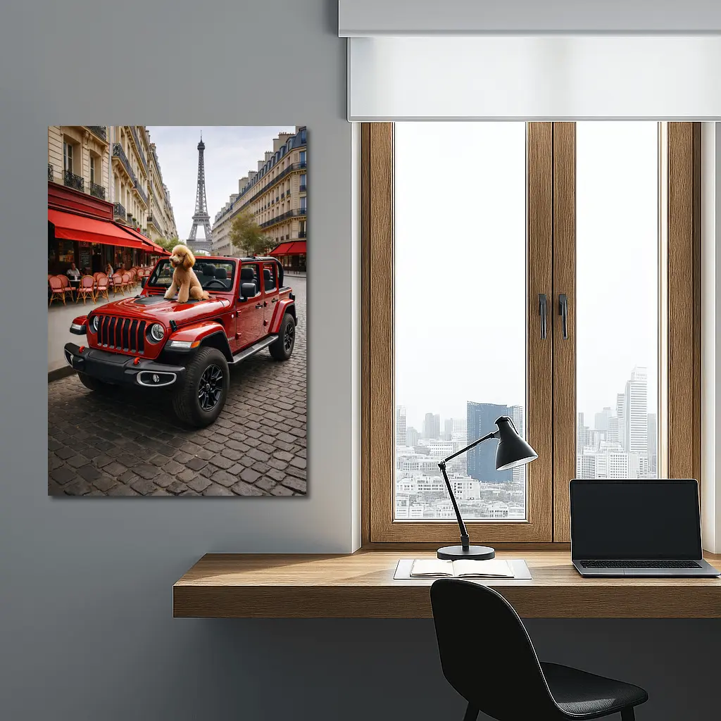 Red Jeep Wrangler Poodle Paris Eiffel Tower – Wall Art