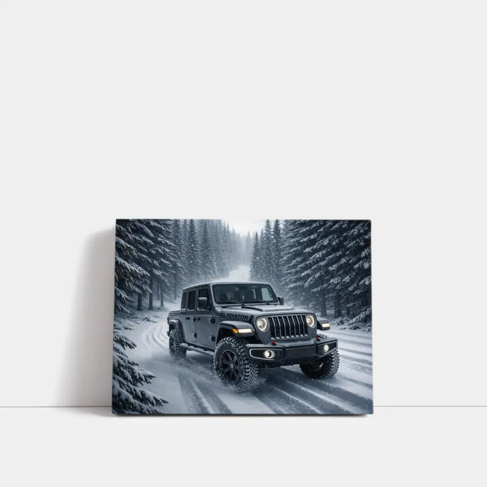 Jeep Gladiator Driving Snowy Forest Road – Wall Art