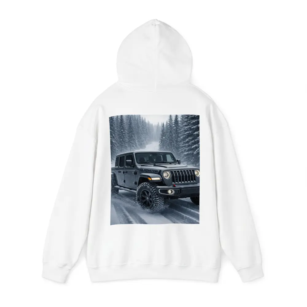 Jeep Gladiator Driving Snowy Forest Road – Hoodies
