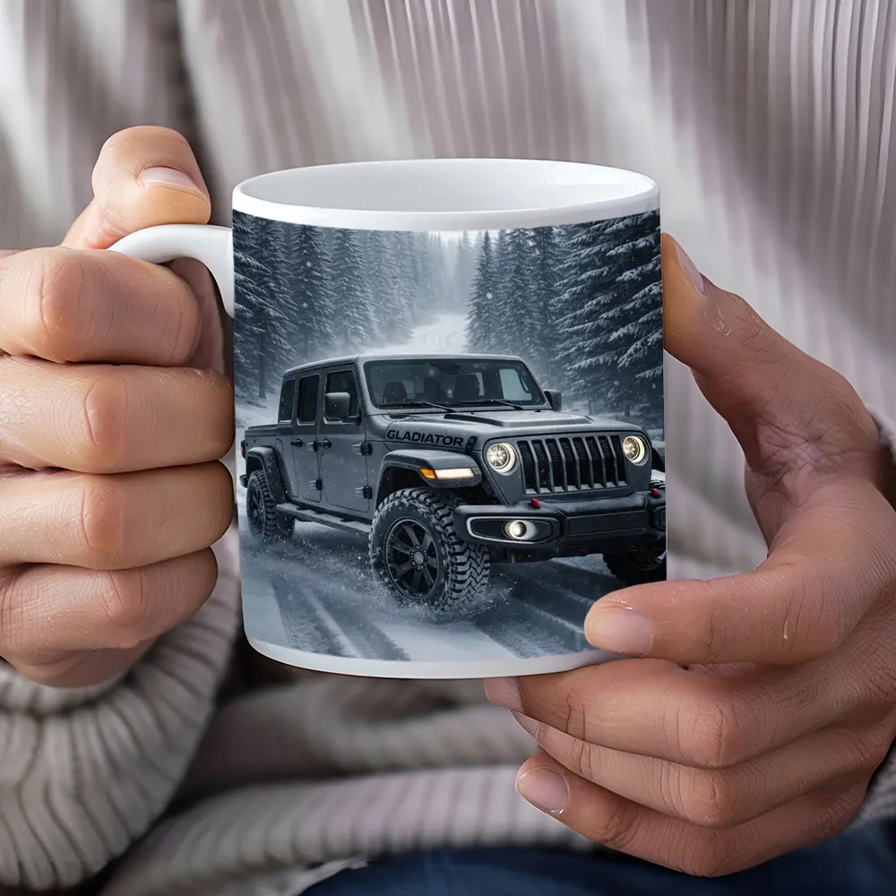 Jeep Gladiator Driving Snowy Forest Road – Mugs