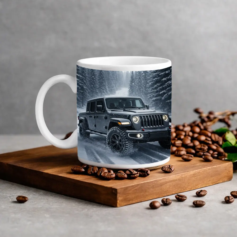 Jeep Gladiator Driving Snowy Forest Road – Mugs