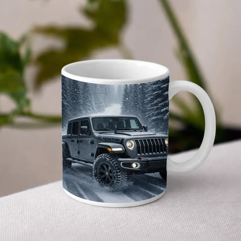 Jeep Gladiator Driving Snowy Forest Road – Mugs
