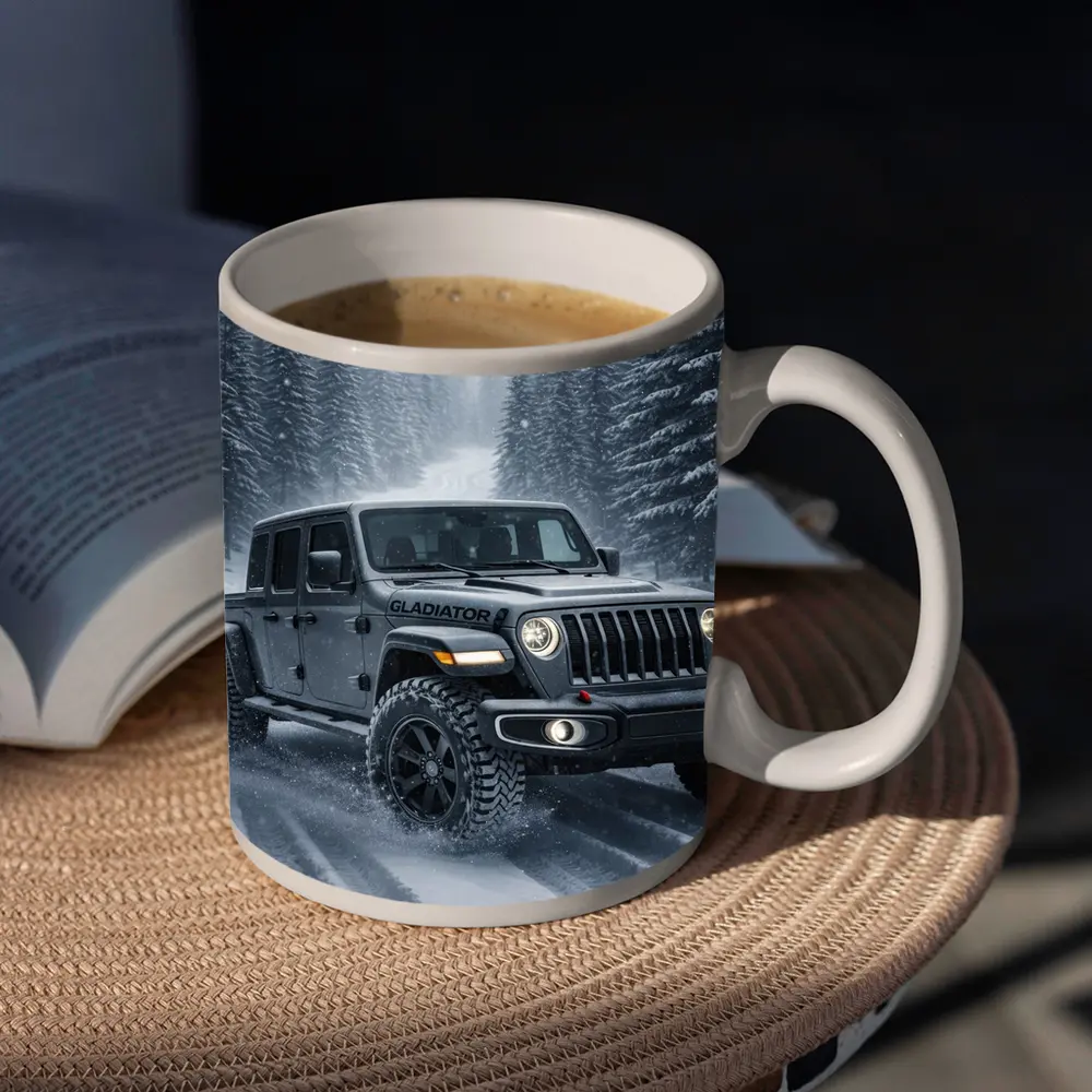Jeep Gladiator Driving Snowy Forest Road – Mugs
