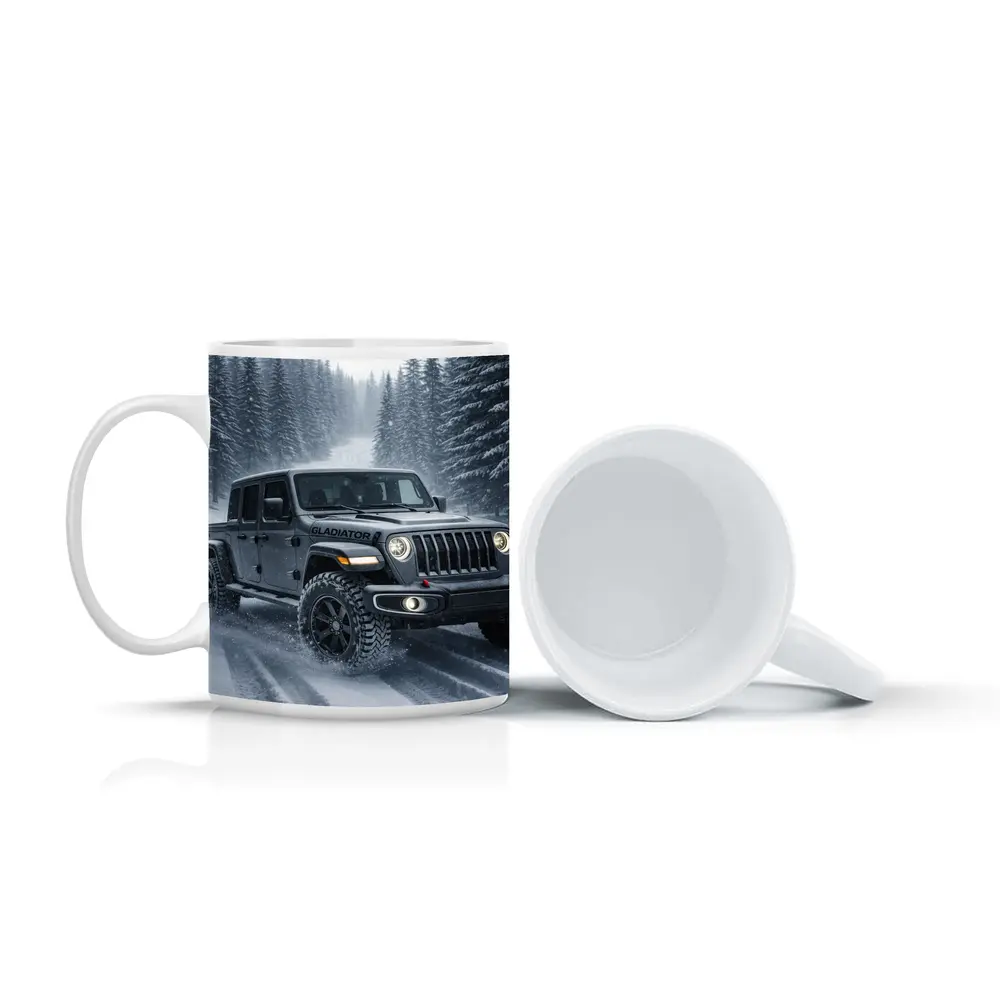 Jeep Gladiator Driving Snowy Forest Road – Mugs
