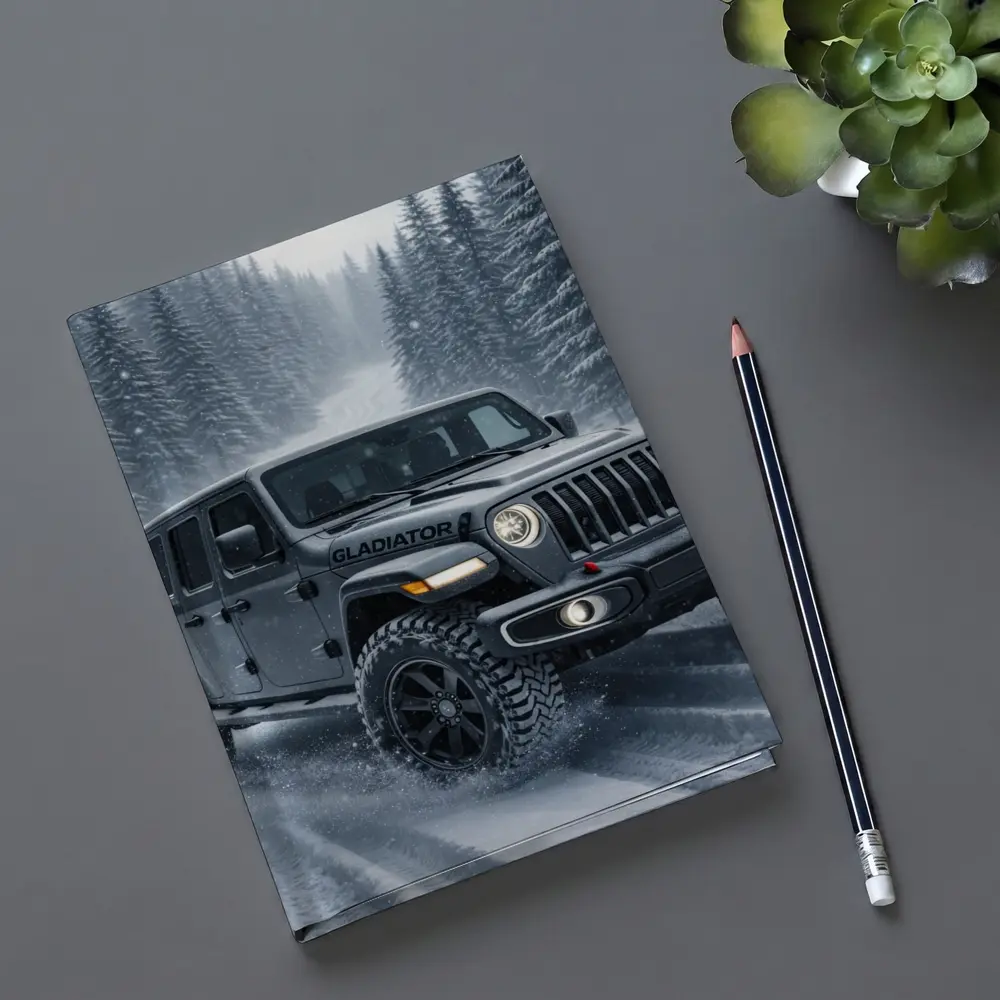 Jeep Gladiator Driving Snowy Forest Road – Notebooks
