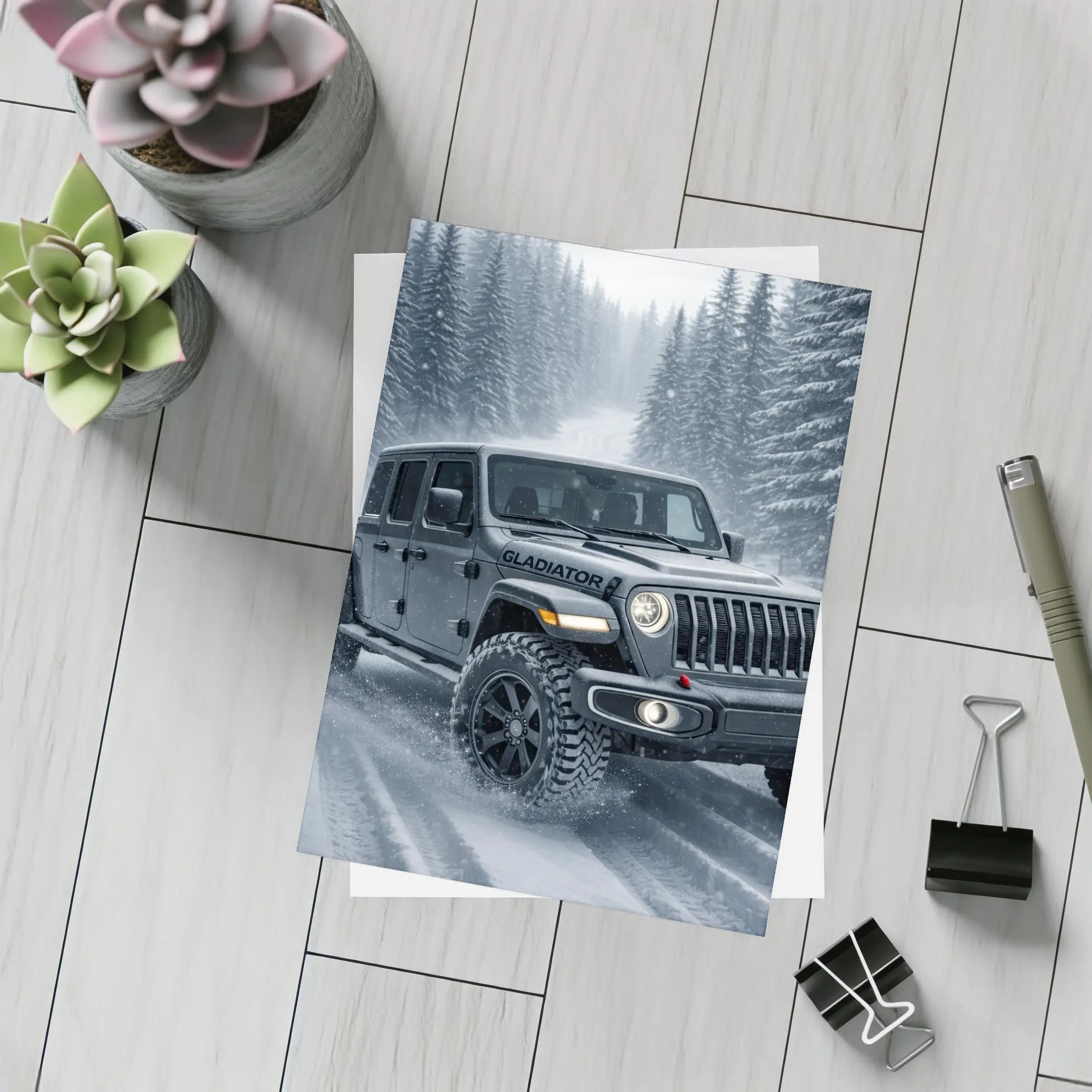Jeep Gladiator Driving Snowy Forest Road – Postcards