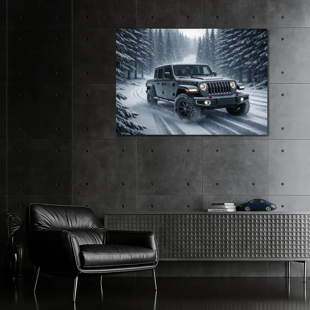 Jeep Gladiator Driving Snowy Forest Road – Wall Art