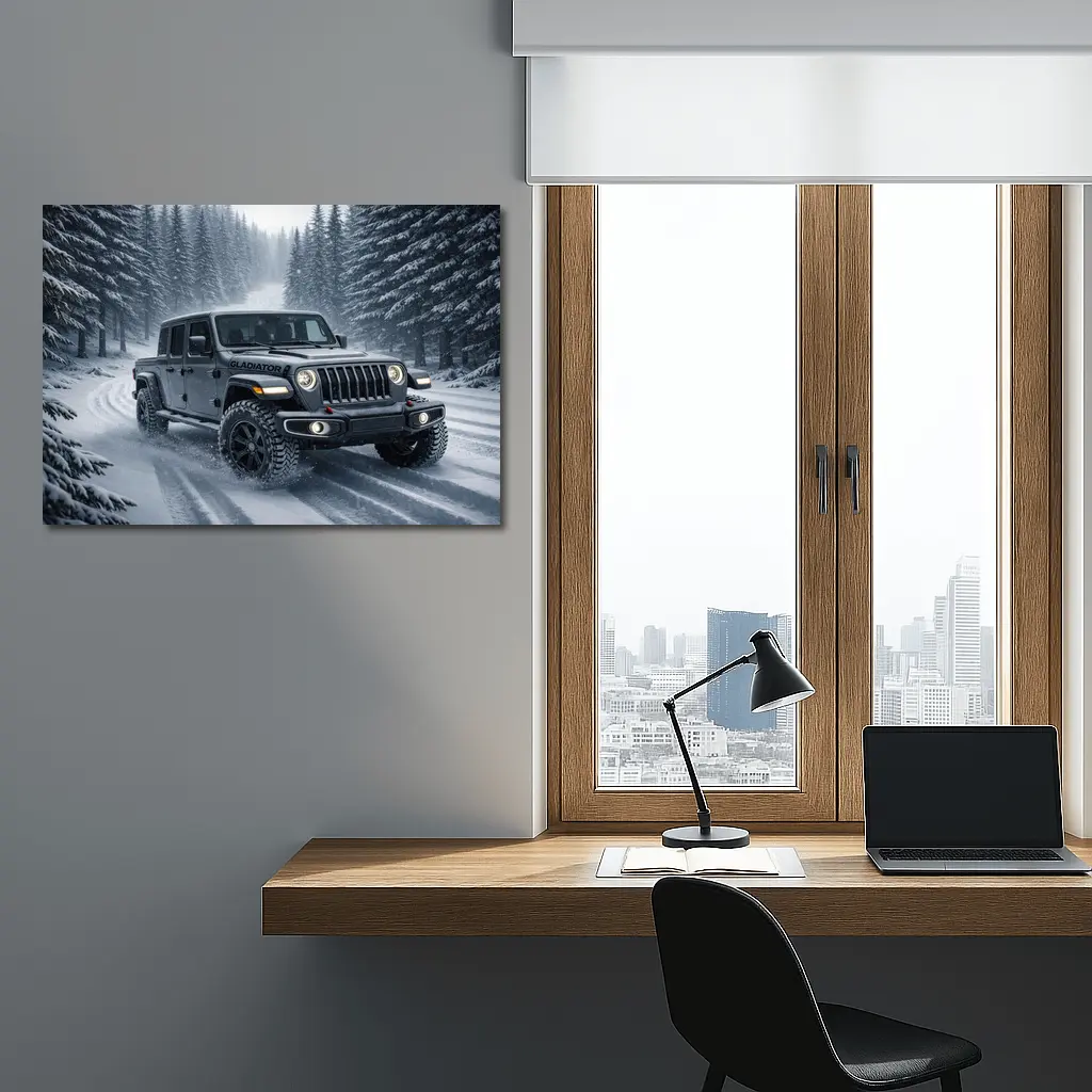 Jeep Gladiator Driving Snowy Forest Road – Wall Art