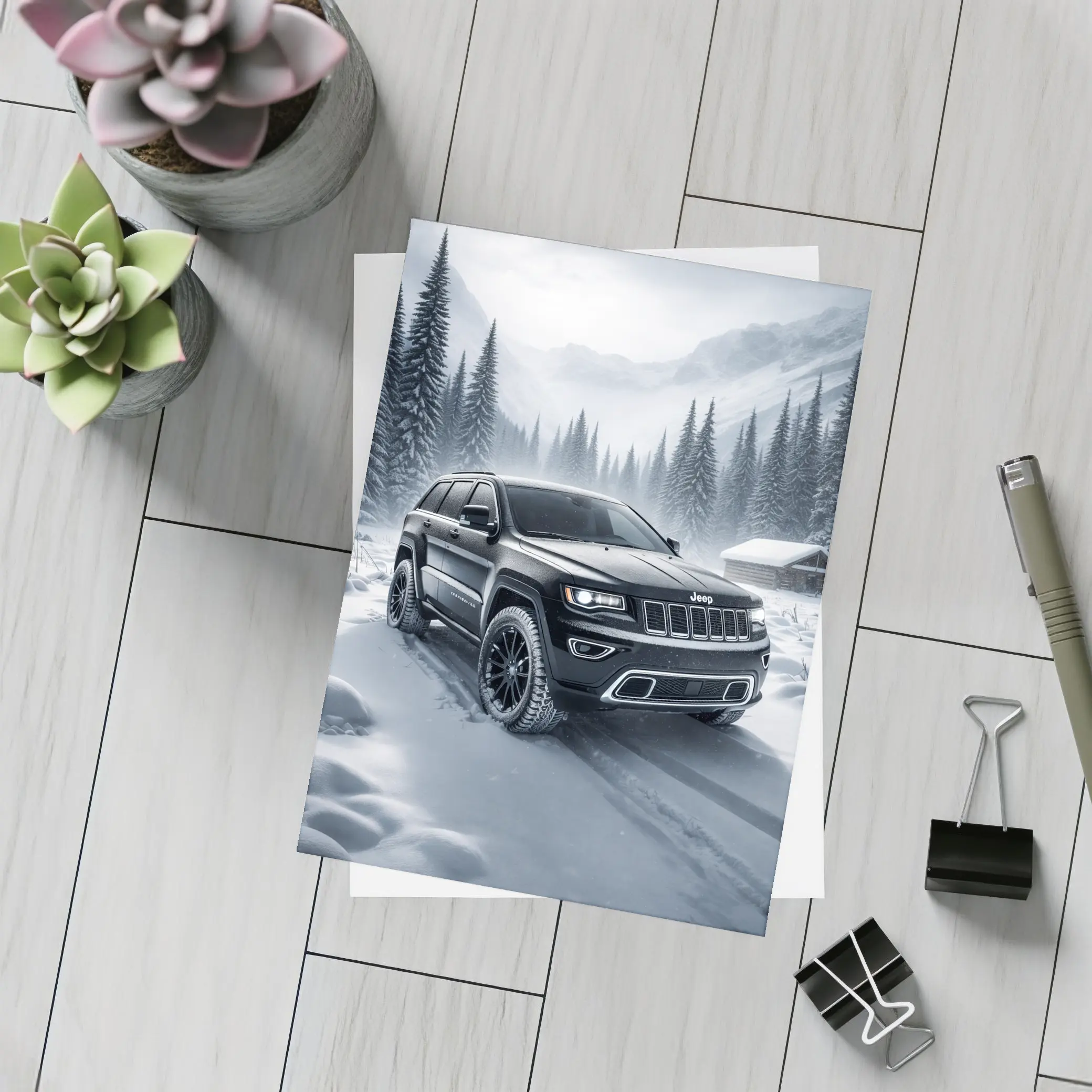 Jeep Grand Cherokee Black Winter Snow Forest – Postcards