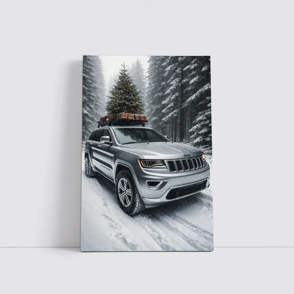 Jeep Grand Cherokee Silver Snow Forest Christmas – Wall Art
