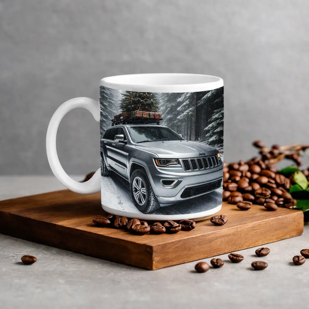 Jeep Grand Cherokee Silver Snow Forest Christmas – Mugs