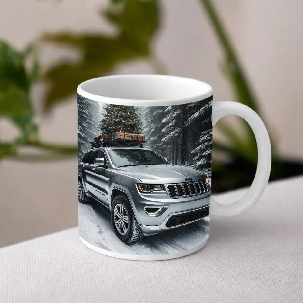 Jeep Grand Cherokee Silver Snow Forest Christmas – Mugs