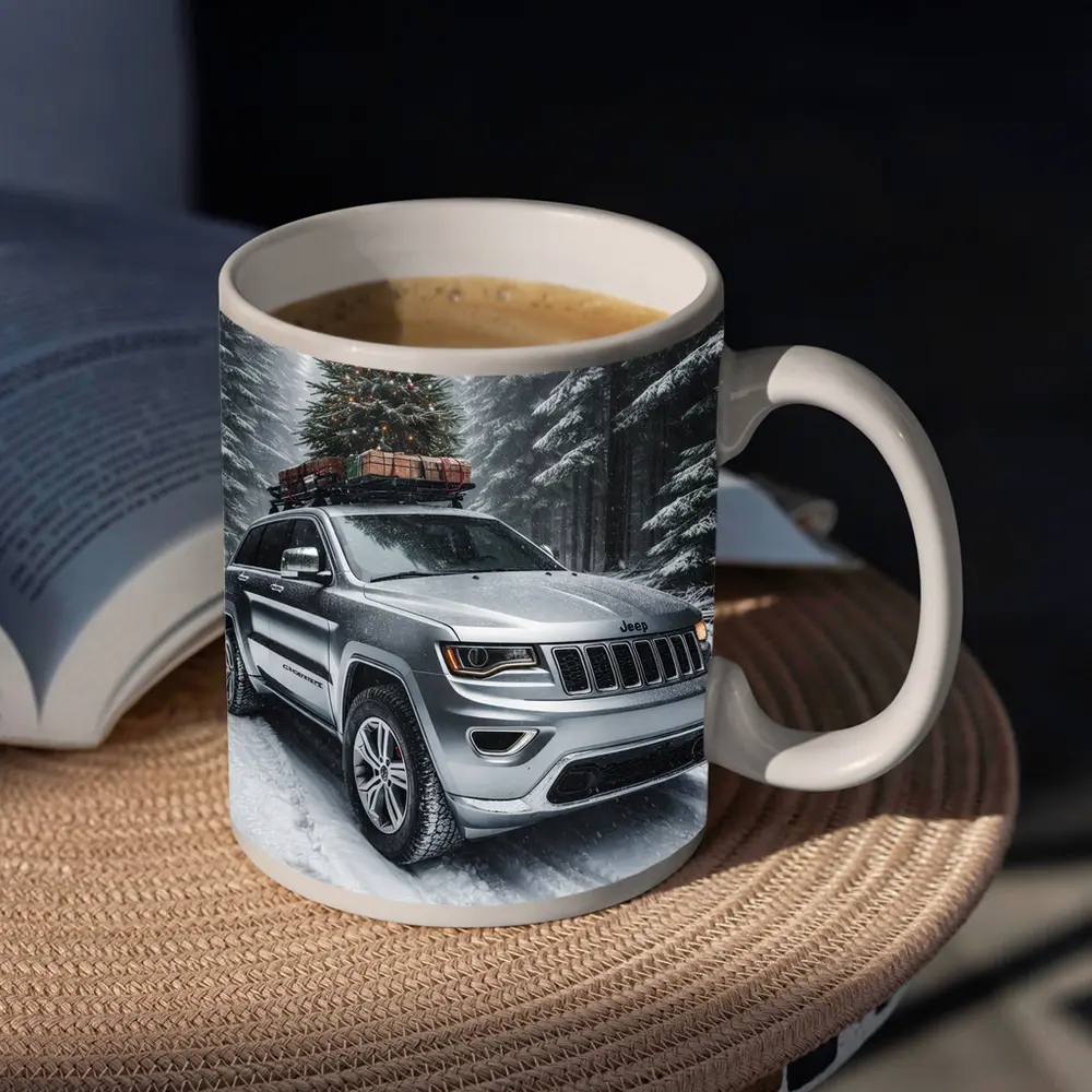 Jeep Grand Cherokee Silver Snow Forest Christmas – Mugs