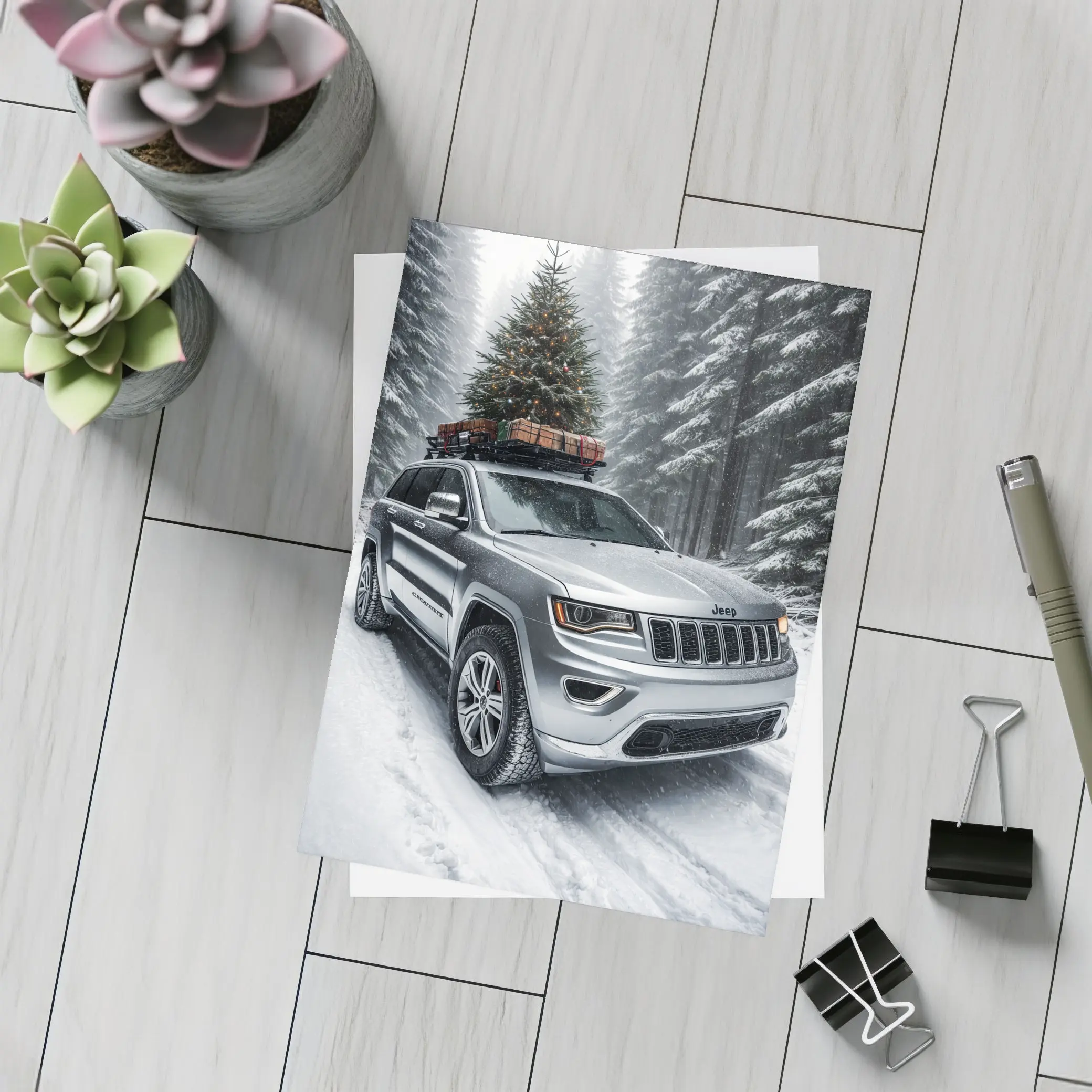 Jeep Grand Cherokee Silver Snow Forest Christmas – Postcards