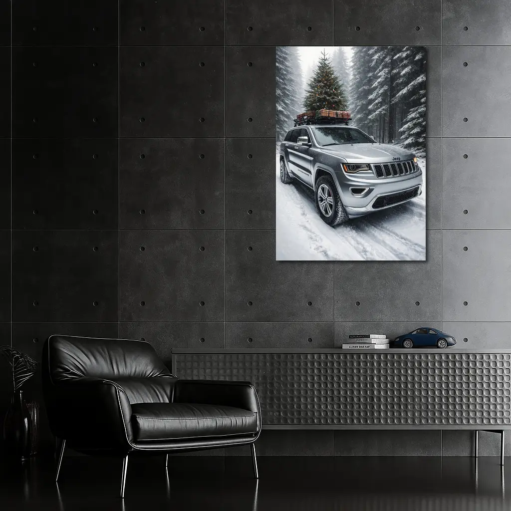 Jeep Grand Cherokee Silver Snow Forest Christmas – Wall Art
