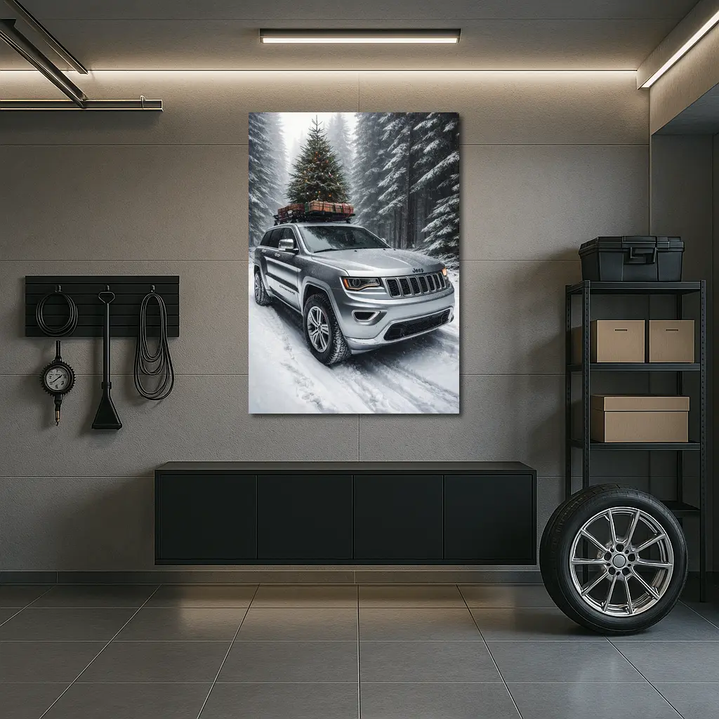 Jeep Grand Cherokee Silver Snow Forest Christmas – Wall Art