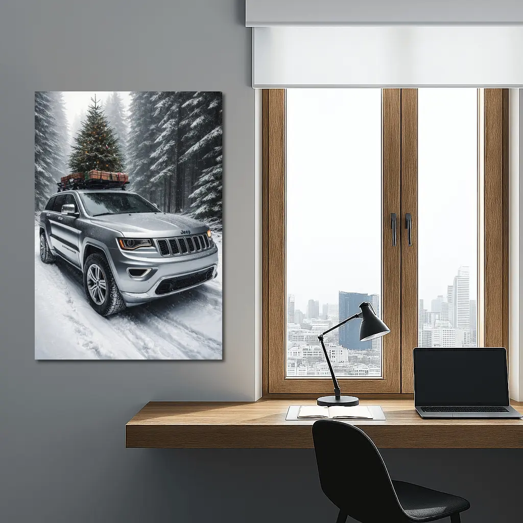 Jeep Grand Cherokee Silver Snow Forest Christmas – Wall Art