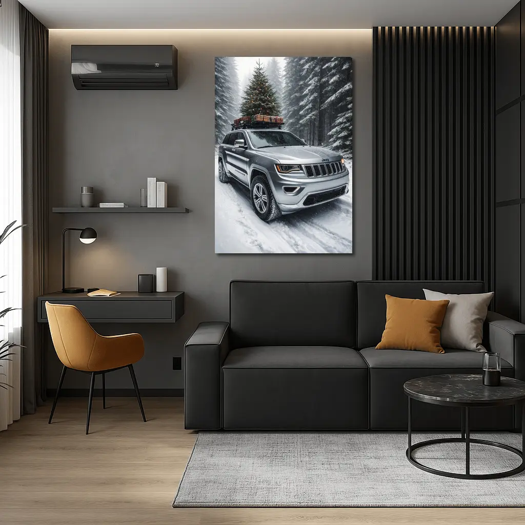 Jeep Grand Cherokee Silver Snow Forest Christmas – Wall Art