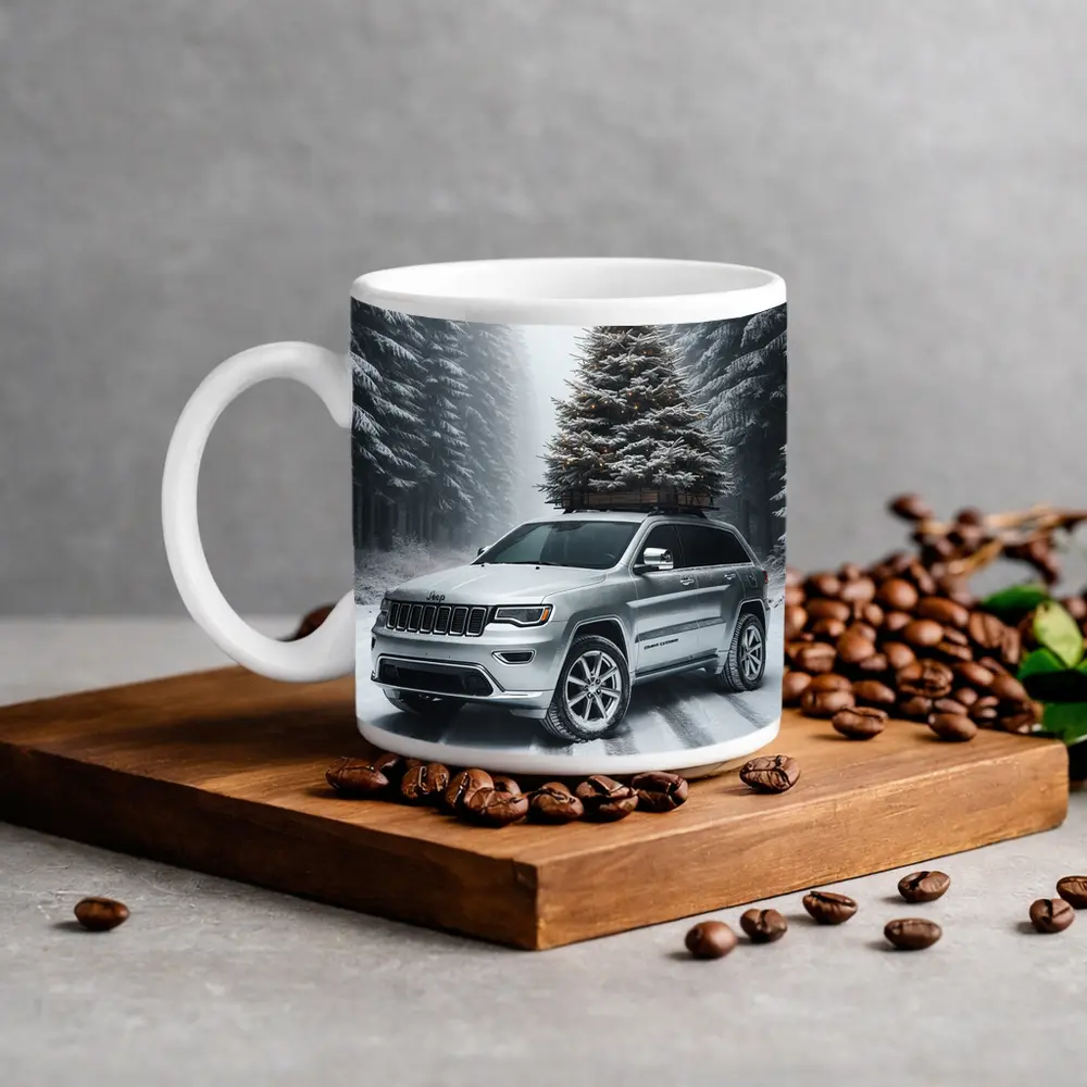Jeep Grand Cherokee Silver Snowy Forest Road – Mugs