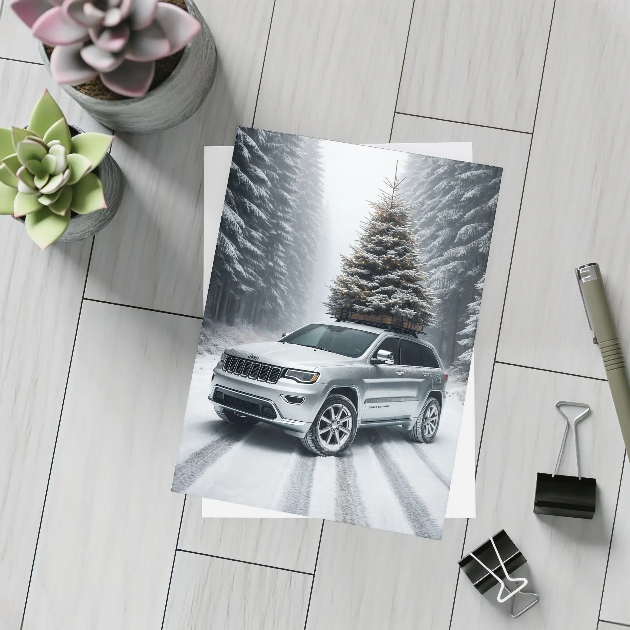 Jeep Grand Cherokee Silver Snowy Forest Road – Postcards