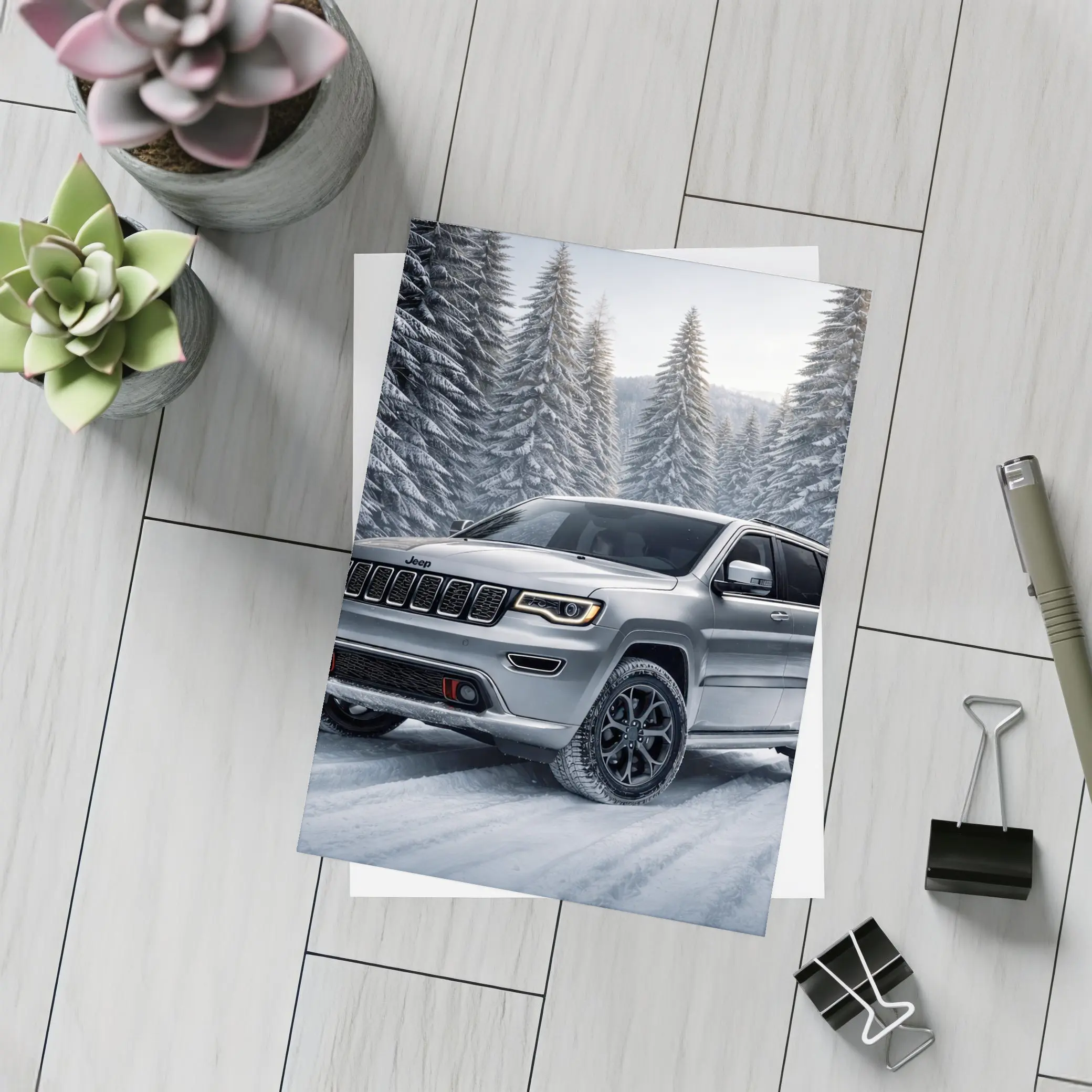 Jeep Grand Cherokee Silver SUV Snowy Forest – Postcards