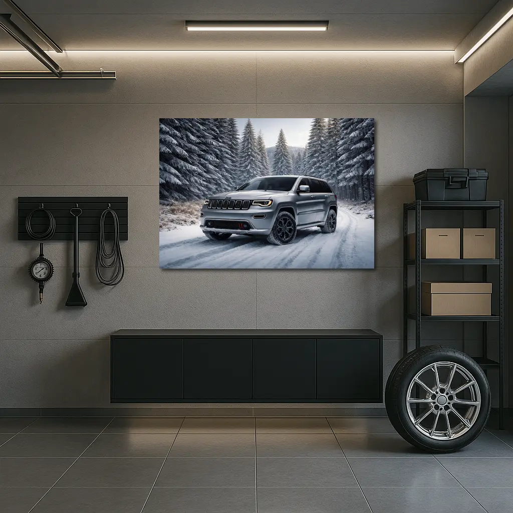 Jeep Grand Cherokee Silver SUV Snowy Forest – Wall Art