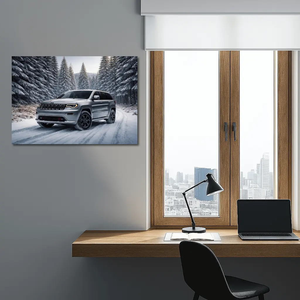Jeep Grand Cherokee Silver SUV Snowy Forest – Wall Art