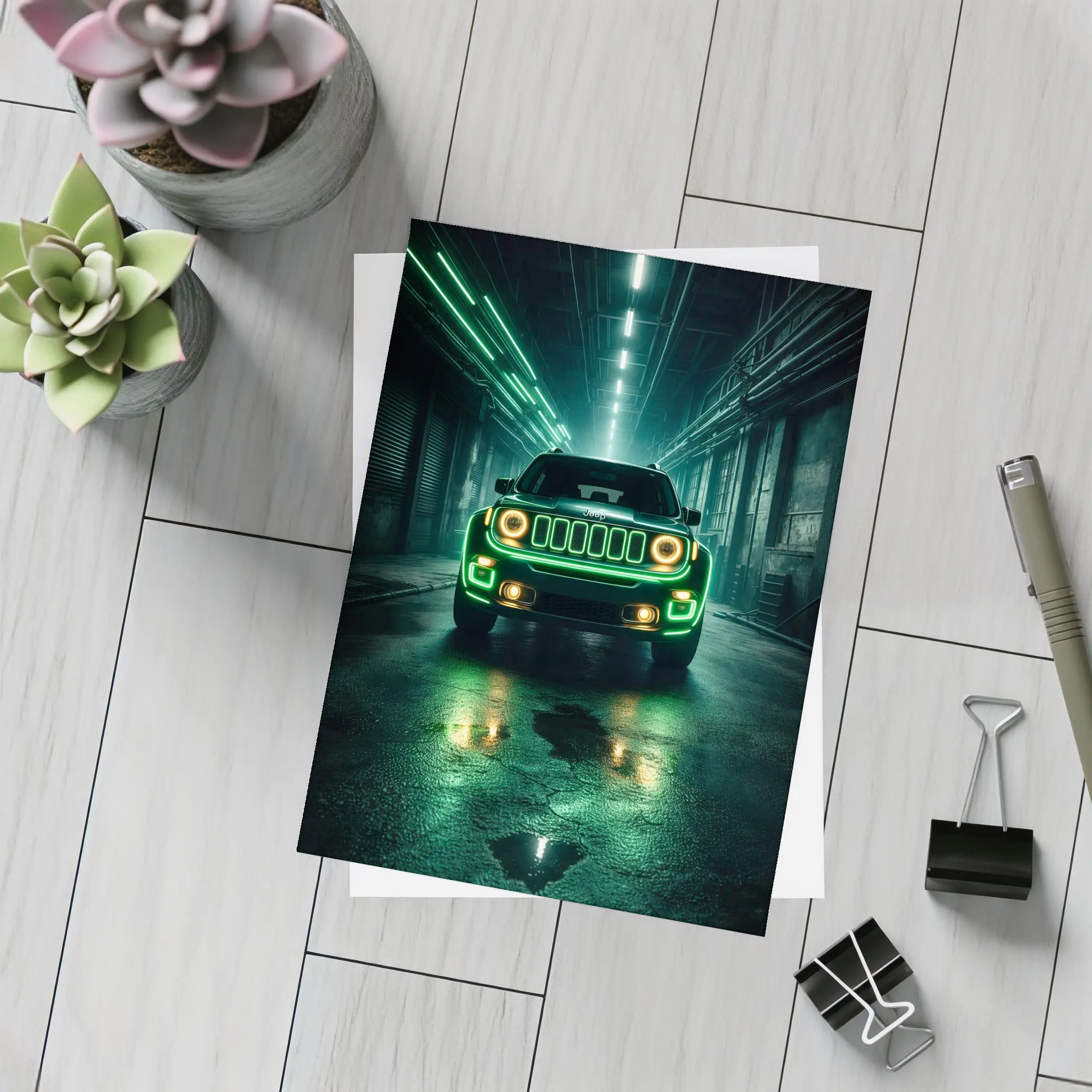 Jeep Renegade Neon Green Dark Urban Garage – Postcards